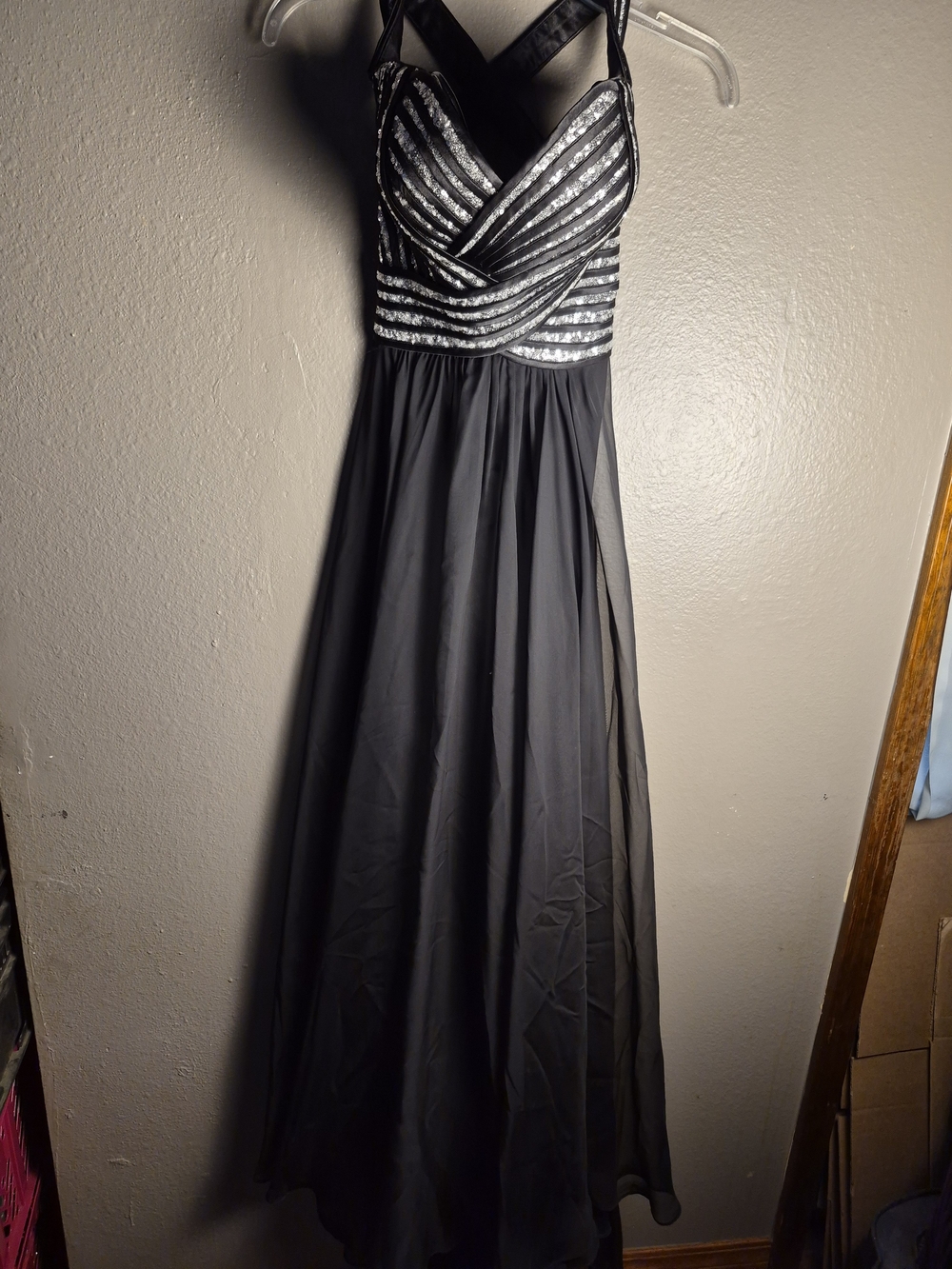 La Femme Black and Silver Striped Bodice Maxi Dress